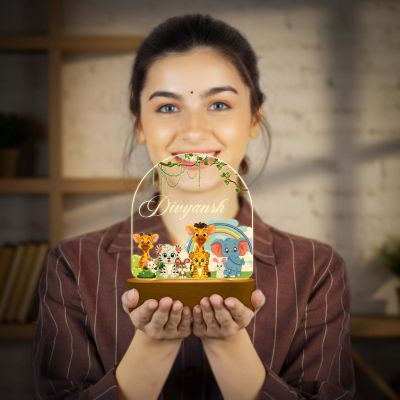 Personalized Cute Animal Theme LED Night Lamp with Warm White Light & Wooden Stand Jungle Safari Animals Light Kids Room Bedside Lamp Gift for Kids Boy & Girls Birthday Return Gift